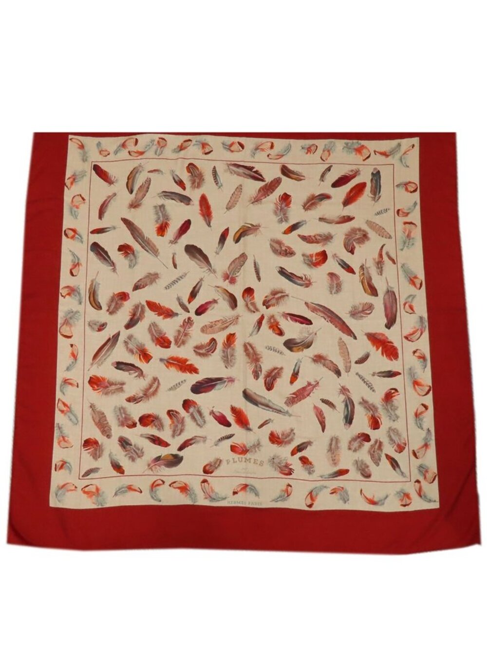 Hermes Carre Jean 140 Beige Red Cashmere Silk Plumes Shawl Scarf